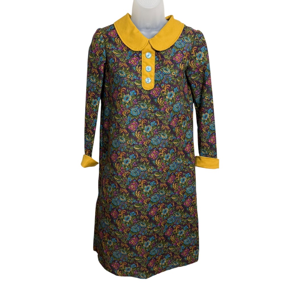 Vtg Handmade 60s Floral Mod Shift Dress Yellow Peter Pan Collar Purple Small